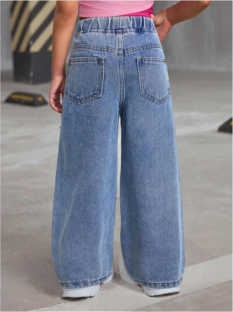 WDIRARA Girls' Bow Decor High Waisted Jeans Straight Leg Elastic Casual Denim Long Pants - Image 2